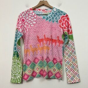 Whimsy Rose Womens S Thermal Top Pink Floral Llama Mixed Print Long Sleeve USA